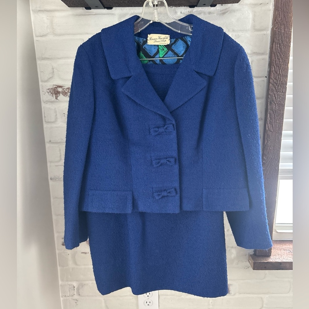 VTG Seymour Fox 1960s Blue Wool Skirt Double Breasted Jacket Suit Bow Buttons
